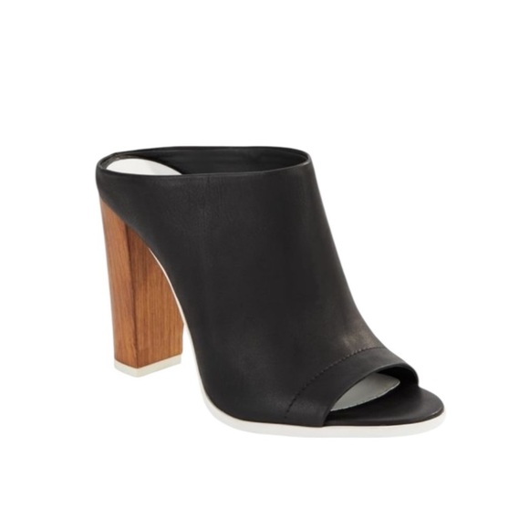 VINCE Leather Allison Open Toe Italian Slides Wooden Heel Black Size 6 - Picture 5 of 14